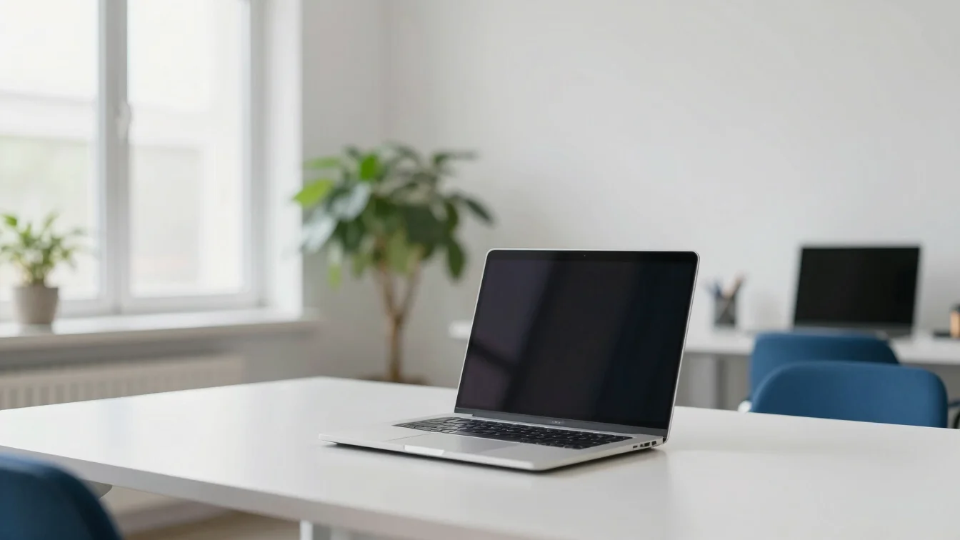 Wide environmental view of a bright workspace with a notebook, laptop closed, and a potted plant near a window, soft day