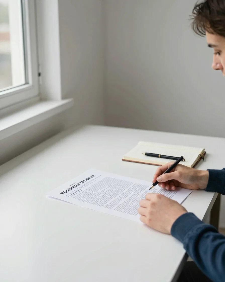 Wide editorial photograph of a person reviewing a printed article