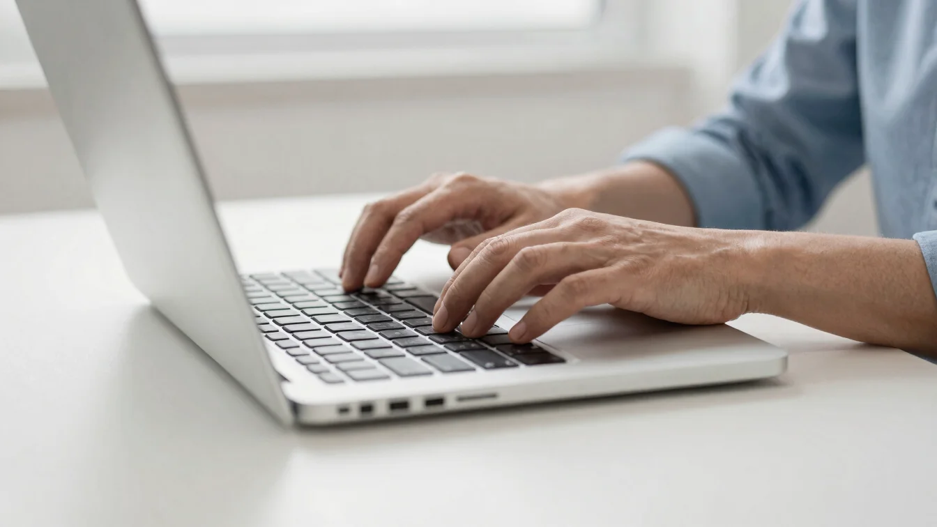 Close up of hands typing on a laptop keyboard on a clean white de