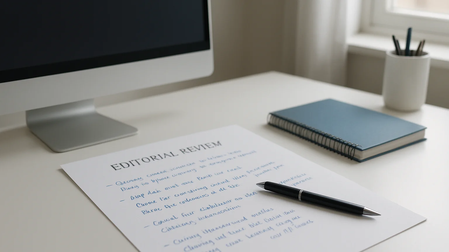 Editorial review notes on paper next to a modern screen, clean wo