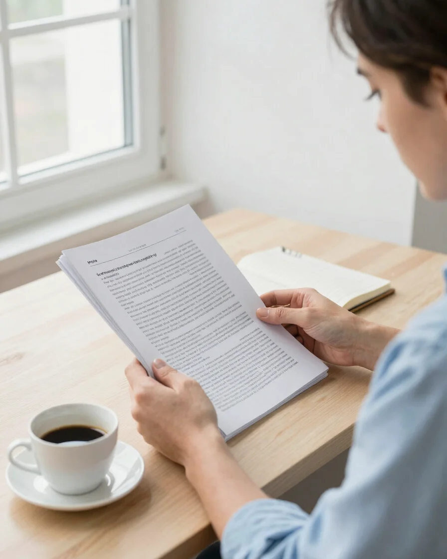 Editorial photograph of a reviewer at a wooden desk reading a printed article draft beside a notebook and a cup of coffe