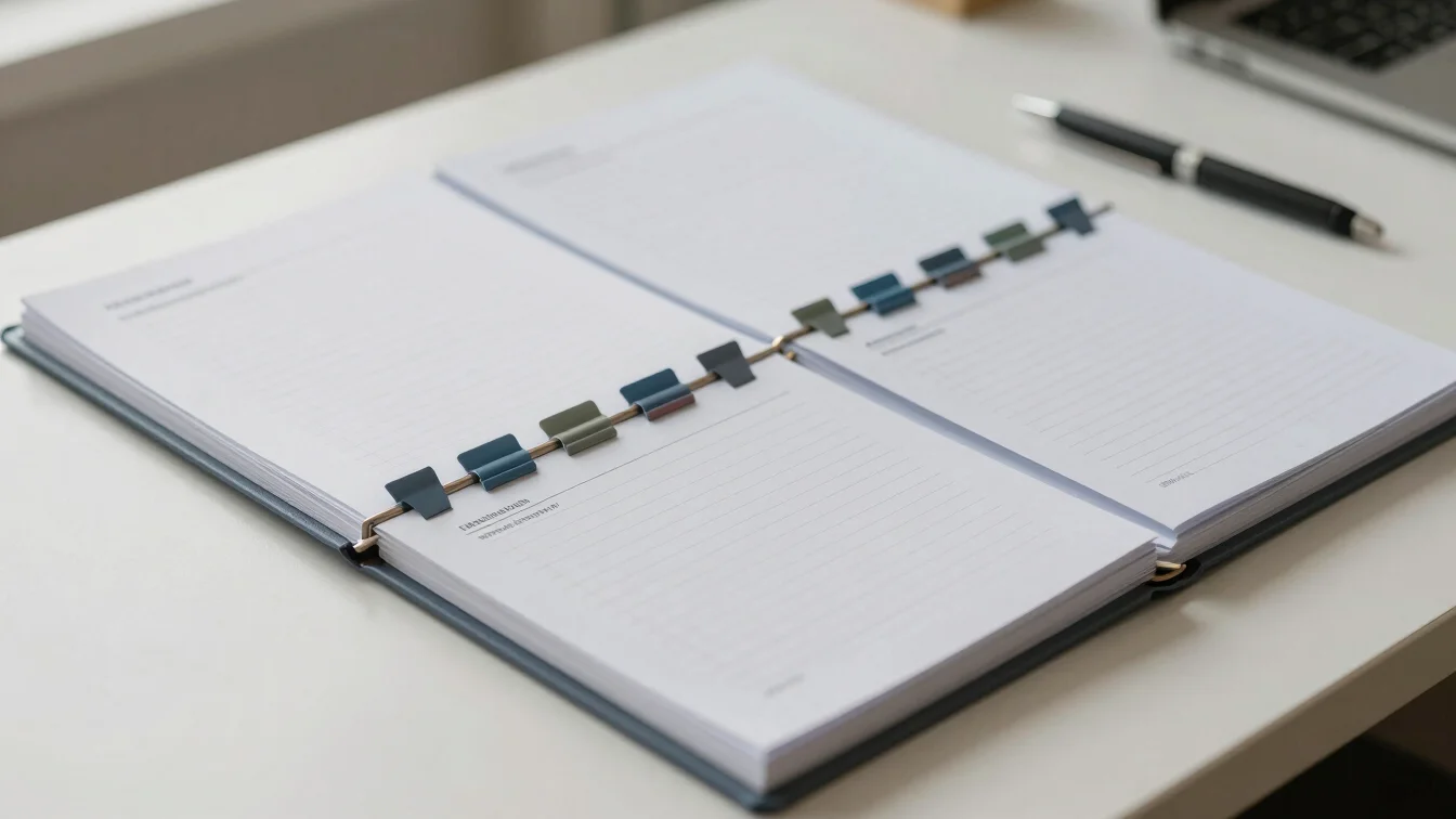 Close detail of a neatly organized paper directory index with tabs and a pen resting on a white desk, soft neutral dayli