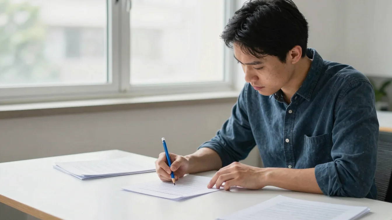 Editor reviewing printed manuscript pages with a blue pencil at a clean desk, natural window light, composed candid fram